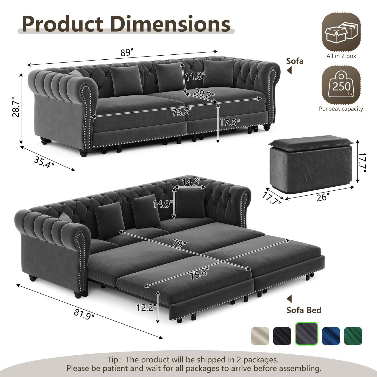 MAYEERTY 89" Chesterfield 3‑in‑1 Pull‑Out Sofa Bed, Tufted Velvet 3‑Seater Couch with Movable Ottoman, King Size Sleeper Chaise Lounge, 4 Pillows Included