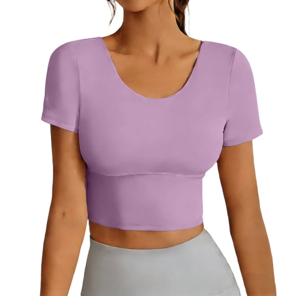Ltctricy Crop Tops for Women Short Sleeve Scoop Neck Criss Cross Backless Slim Athletic T Shirts with Built in Bra Workout Yoga Tees