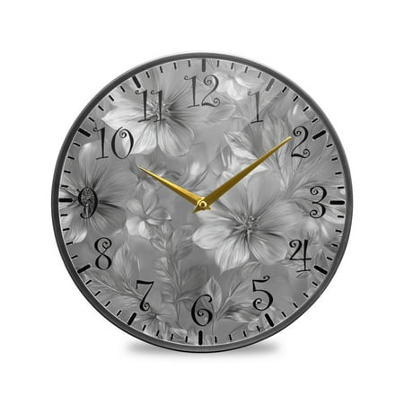 9.5in Acrylic Wall Clock with Glass-like Finish Round Clock for Home Decoration Silver Metal Flower Pattern