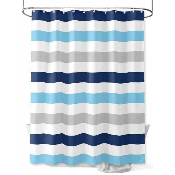 Shower Curtain Navy Blue Stripes Bathroom Curtains with Hooks, Waterproof Fabric Grey White Striped Bath Shower Curtains Set for Bathroom Bathtubs Decor 36x72 Inch