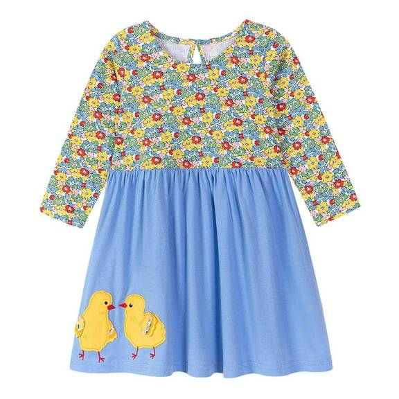 Tisuna Girls Dress Toddler Floral Print Long Sleeve Crew Neck Dresses Casual Loose Autumn Winter Girls Daily Wear Sky Blue Size 2-3 Years