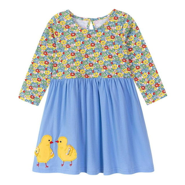 Liyamei Robes Décontractées à Manches Longues pour Filles avec Imprimé Mignon, Col Rond, Tenues de Fête pour Tout-Petits, Confortables pour le Quotidien, 6-7 Ans