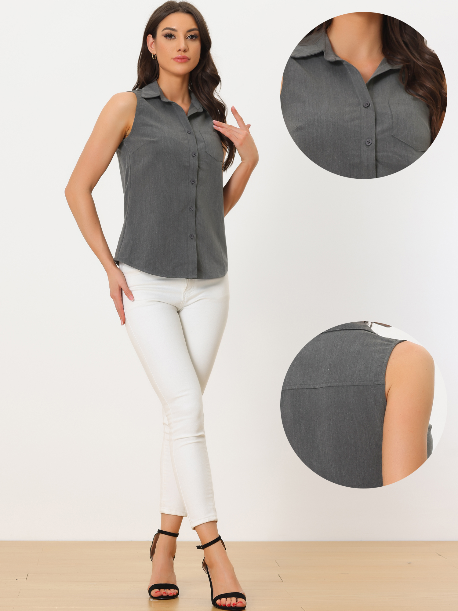 DARING DIVA Sleeveless Lapel Chambray Tunic Denim Shirt M Dark Grey