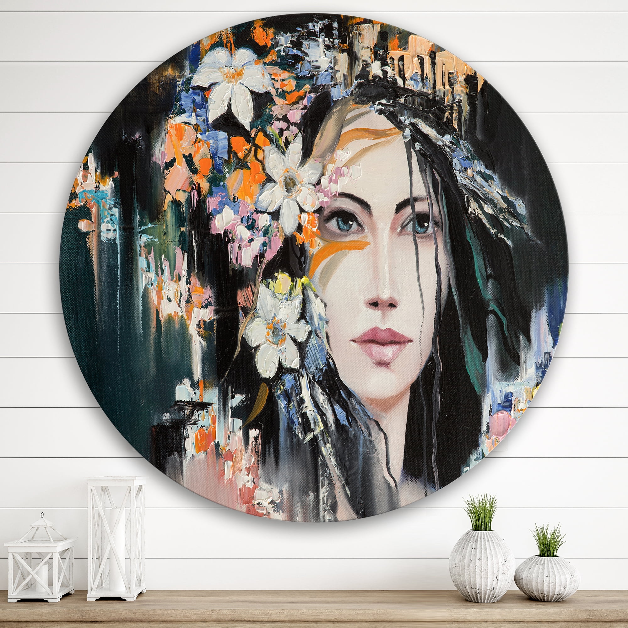 Designart 'Portrait Of A Young Woman With Flowers I' Modern Circle Metal Wall Art 36x36 - Disc of 36