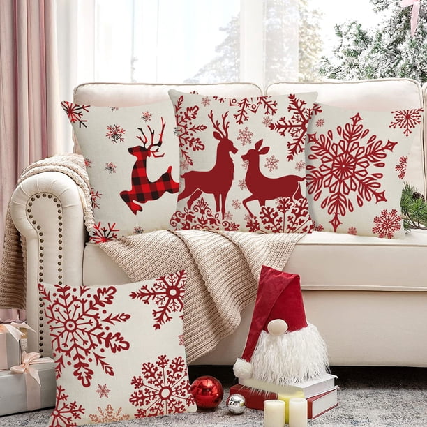 Fundas de Almohada Navideñas de 45 X 45 Cm con Estampado de Copos de Nieve y Ciervos Rojos y Blancos, para El Hogar, Sofá, Cama, Coche.