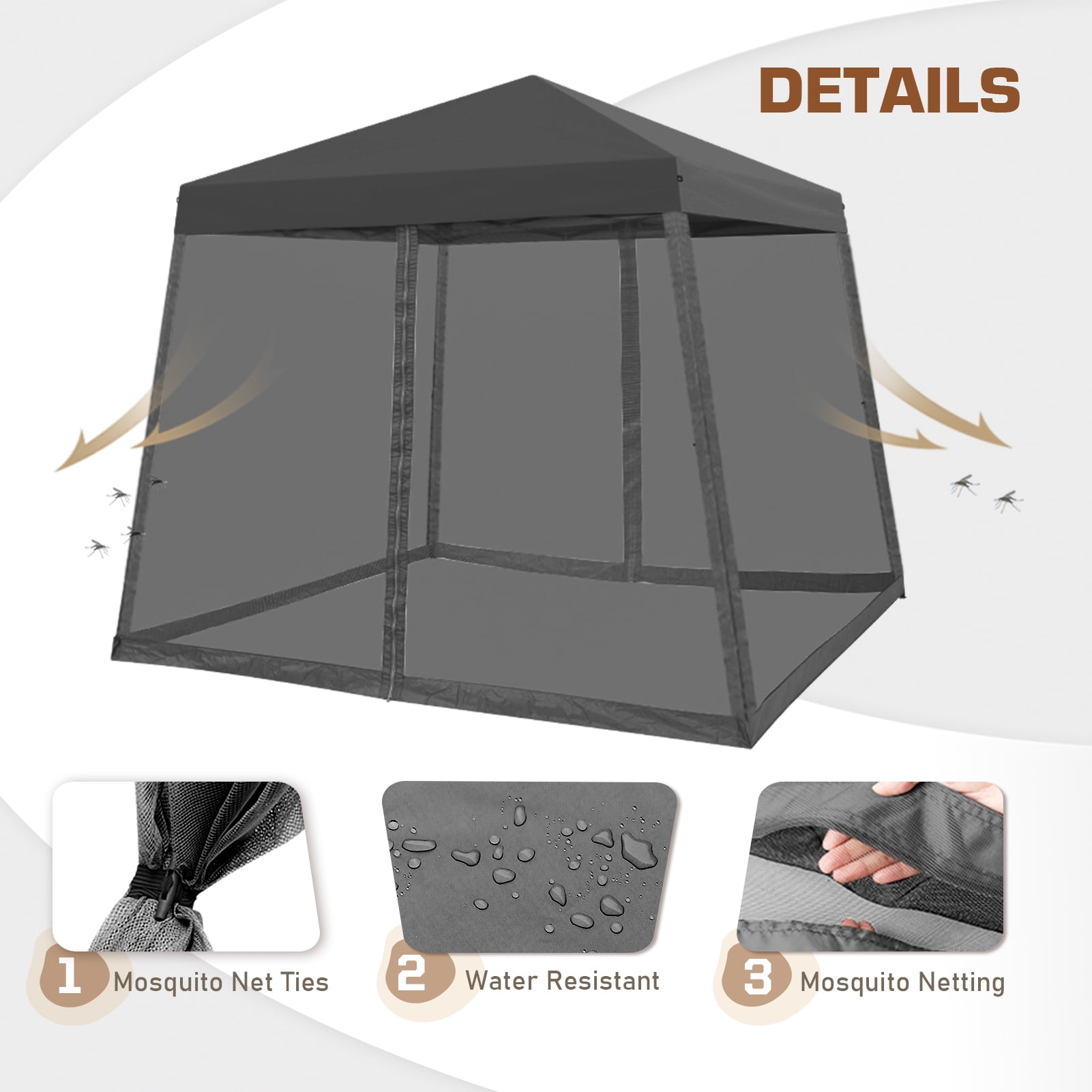 EAGLE PEAK 10x10ft Slant Leg Easy Setup Pop Up Canopy Tent with Mosquito Netting 64 sqft of Shade, Gray