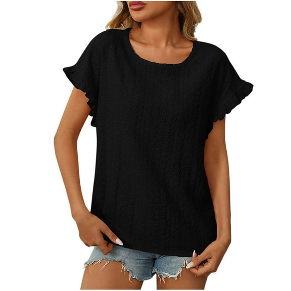 Mittory Womens T Shirts Ruffle Short Sleeve Tops Summer Eyelet Dressy Casual Comfy Outfits Clothes