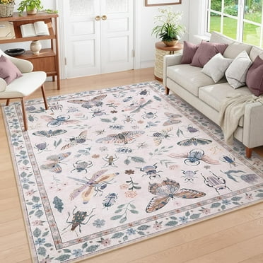 Moynesa 6'x9' Insect Print Washable Area Rugs, Soft Rugs for Living Room Ultra-Thin Non-Shedding Modern Bedroom Rug, Stain Resistant Throw Rug Large Carpet for Dining Room Kids Nursery,Pink