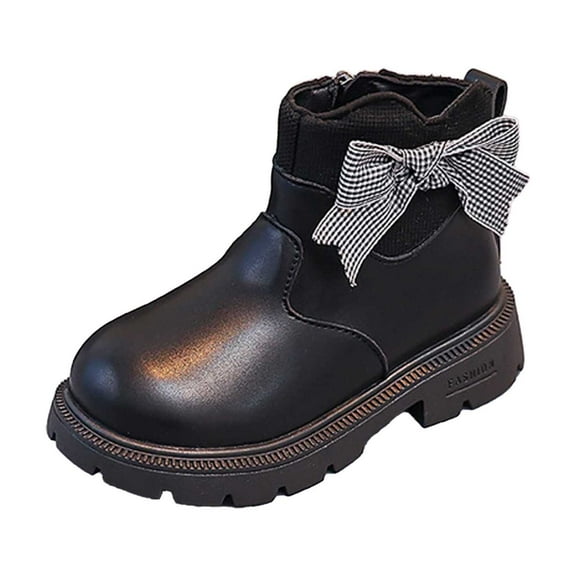 LYHaoo Girls Side Zipper Boots Girls Short Boots For Kids Fall And Winter Style Leather Booties With Bow For Young Girls Sizes 10 Black(3.5-4 Years)