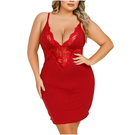 HomeGardon Clearance Plus Size Women Chemise Lingerie Nightie Full Slips Lace Babydoll Sleepwear Dress Women s Large Lace V-Neck Open Back Strap Pjama Dress XL-5XL