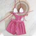 thumbnail image 4 of CIENVNSTG Womens Boho Style Three Pieces Bathing Suit Striped Halter Bikini Top With Portable Cover Up Shorts Summer Beach Leisure Swimwear Hot Pink XL, 4 of 4