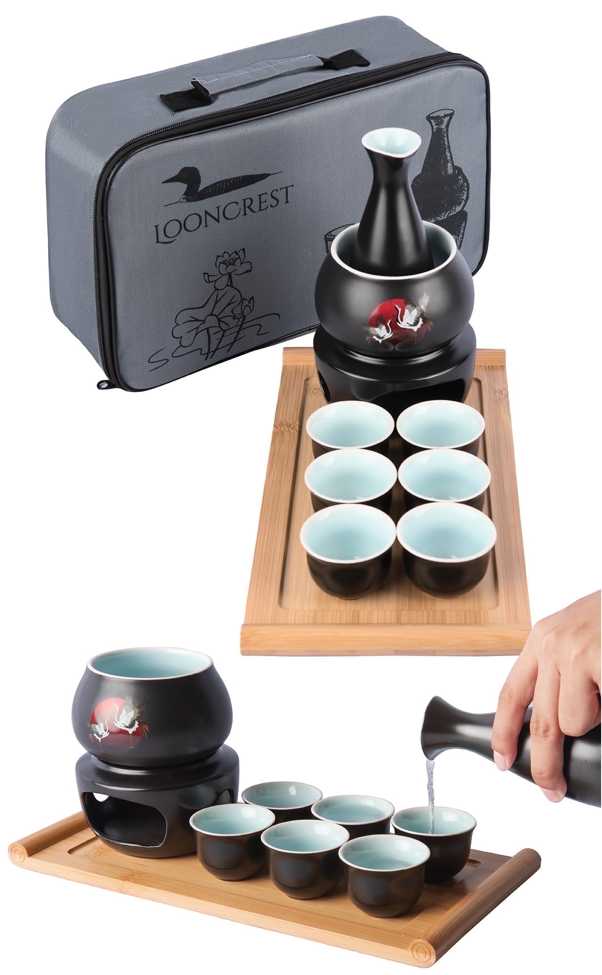 LoonCrest, Ceramic Drinkware Set, 10-Piece, Japanese Sake Set