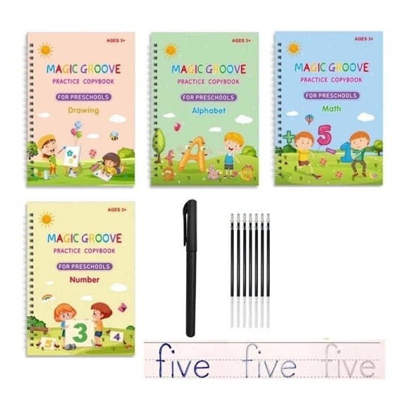 Triani 4Pack Reusable Handwriting Practice Workbook Reusable Grooved Handwriting Workbooks Writing Practice Copy Books with Pen Refills for Preschooler Letters Number Practice