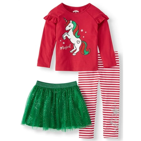 Christmas Long Sleeve Graphic Ruffle Tee, Tutu, & Printed Leggings, 3pc Outfit Set (Toddler Girls)