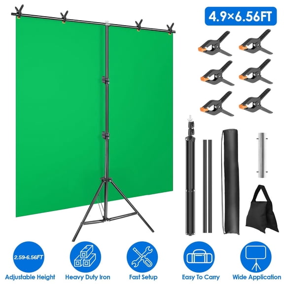 5×6.5FT T-Shape Photo Video Backdrop Stand Heavy Duty Background Stand Adjustable Photography Backdrop Stand with 6 Spring Clamps Sandbag Carry Bag for Studio Party Wedding