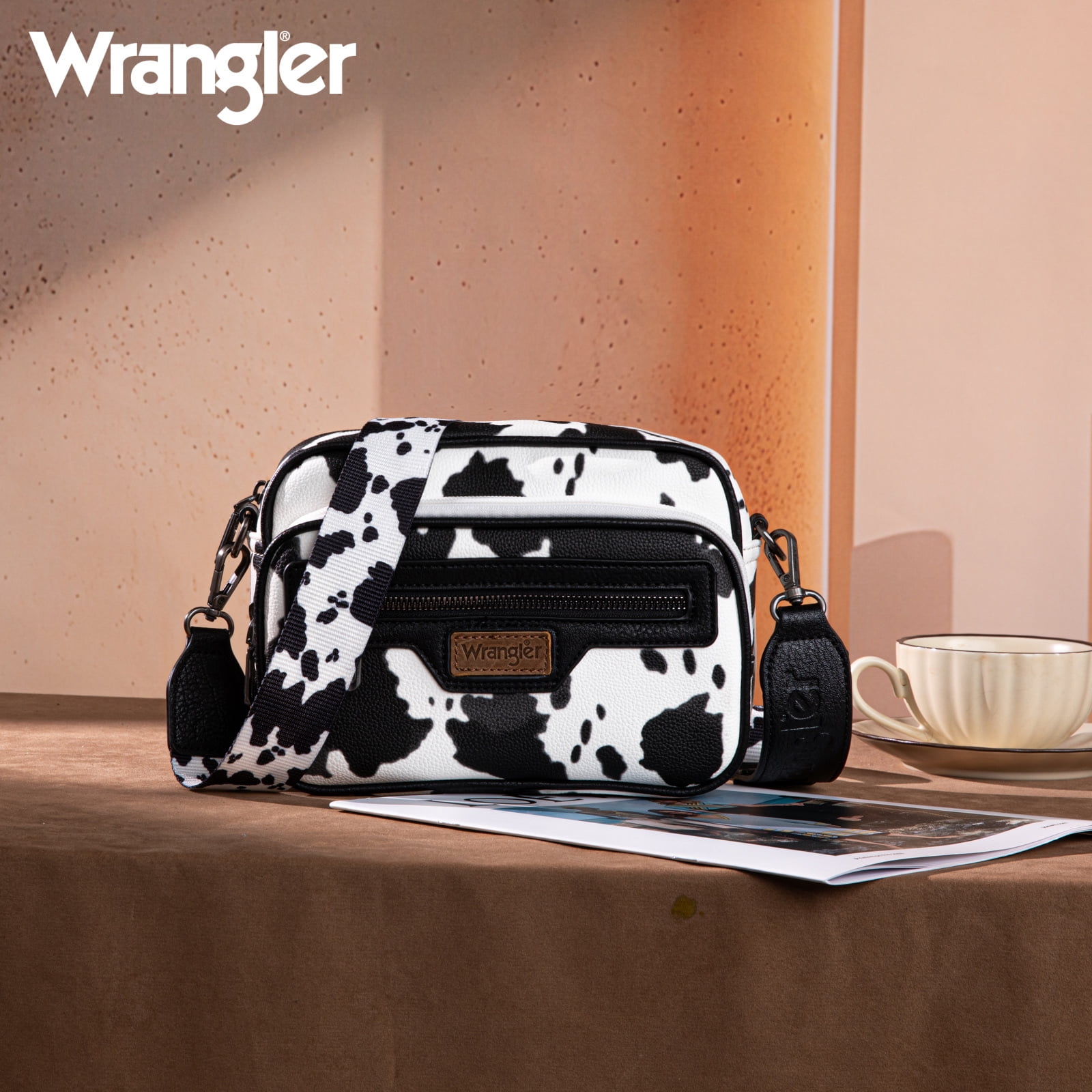 Wrangler Crossbody Bag for Women Multi Pocket Crossover Bag Shoulder Pursea with Adjustable Strap, Cow Print Black