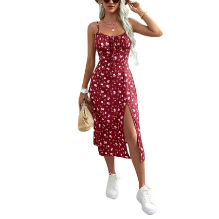 

Tsseiatte Women Summer Flower Print Spaghetti Strap Sleeveless One-Piece with High Slit for Ladies