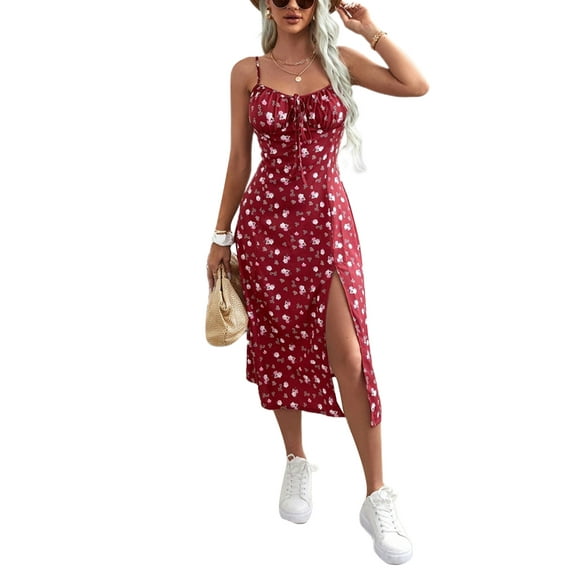 Lnzyyephy Women Summer Floral Dress, Flower Print Spaghetti Strap Sleeveless One-Piece with High Slit for Ladies, Red/Green/Blue