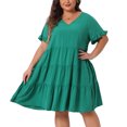 thumbnail image 2 of DARING DIVA Women's Plus Size V Neck Ruffle Sleeve Swing A Line Tiered Dress 1X Green, 2 of 6