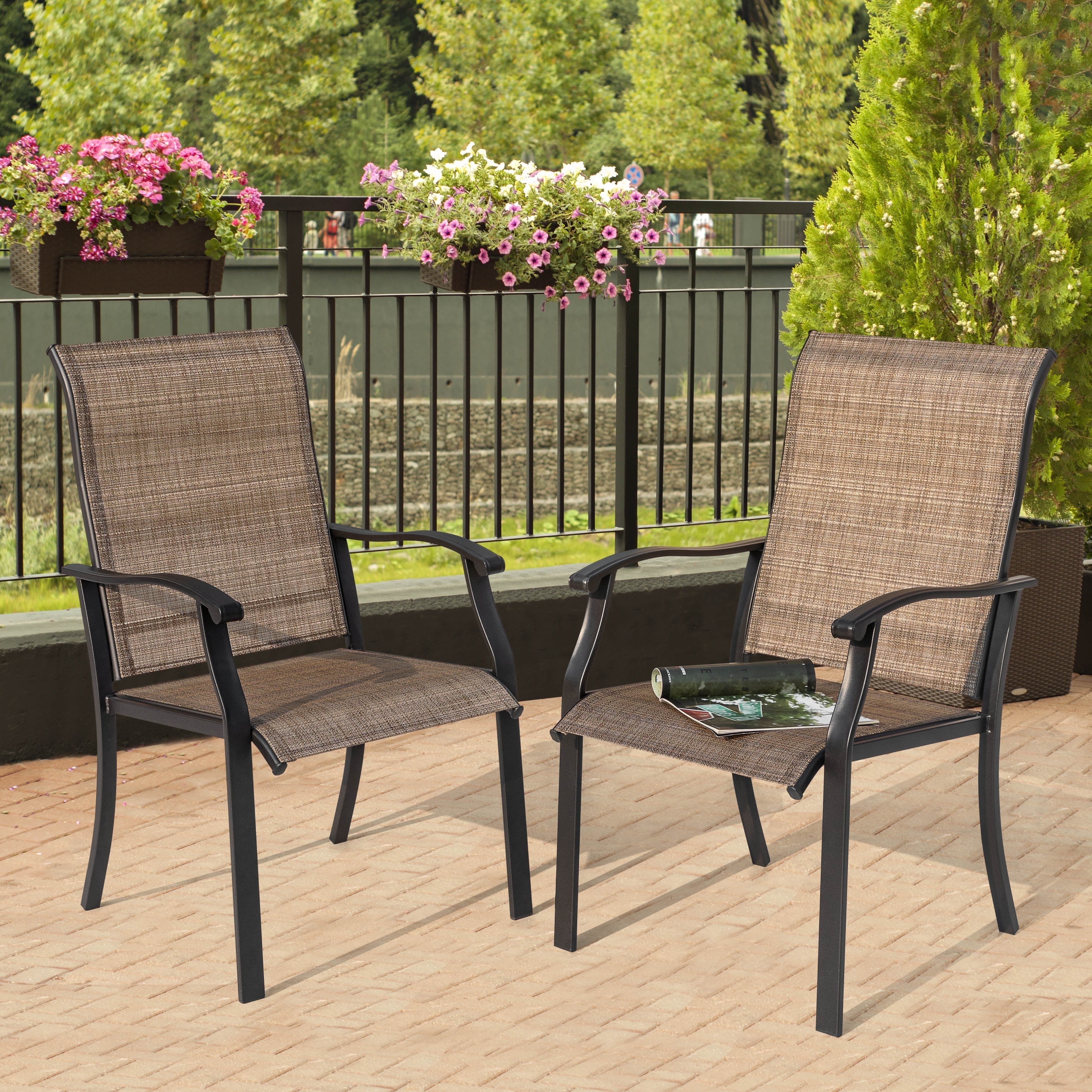 Nuu Garden Patio Chairs Set of 2, Outdoor Dining Chairs High Back with Metal Frame and Textilene Sling, Lawn Chair, for Garden, Backyard, Porch, Brown