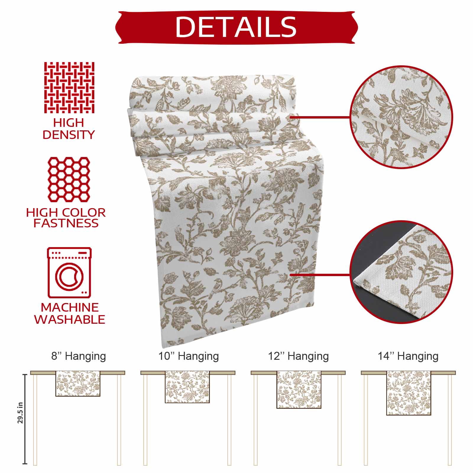 Khaki Flower 48 Inch Table Runner, Vintage Farmhouse Boho Leaf Spring Plant Farmhouse Dresser Scarf Cotton & Linen Tablerunner for Dining/Kitchen Island/Holiday Party Décor 13" x 48"