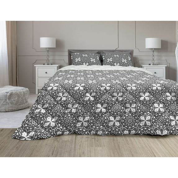 Antique Oriental Comforter & Sham Bedding Set, Cultural Monochrome Circle and Sharp Ornaments Combined Print, 3 pcs Duvet Set Microfiber Filling Quilt, 5 Sizes, Charcoal Grey and White, by Ambesonne