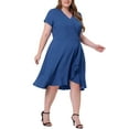 thumbnail image 2 of Unique Bargains Women's Plus V Neck Short Sleeve Elastic Waist Chic Solid Ruffle Hem Dress 2X Blue, 2 of 6