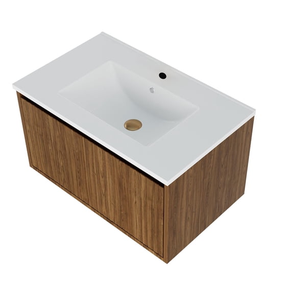 Demi Bonn 30 Inch Bathroom Vanity Cabinet with Ceramic Sink - Walnut wall - mounted, floating fluted, drawers, modern & stylish.