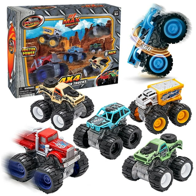 Team Power Monster Trucks Juguetes para niños y niñas Tracción en las 4 ruedas impulsado por fricción Paquete de 6 autos de juguete Push And Go con ruedas gigantes 360 Acrobacias locas Edad 3 4-7 y má