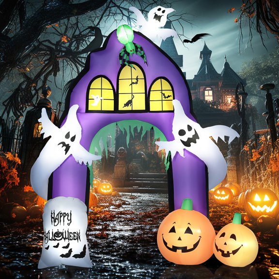 HOMCOM 9ft Halloween Inflatables Outdoor Decorations Castle Archway with Ghosts, Pumpkins, Spider and Tombstone, Blow Up LED Yard Decor Indoor Outdoor for Garden, Lawn, Party, Holiday