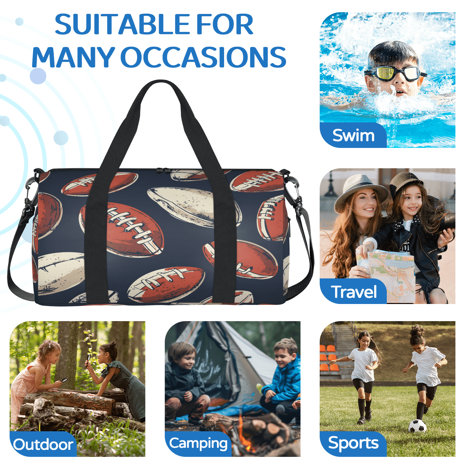 Herdesigns Football Travel Duffle Bag Sports Yoga Weekender Overnight Carry on Workout Bags Lightweight Waterproof Gym Tote Bag for Women Sports