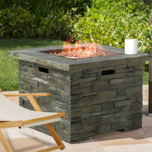 Square Decorative Stone Outdoor Wood Burning Fire Pit, for Self-Contained Fires for Entertaining at Home,40,000 BTU, Stone Gray