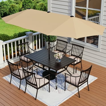 MF Studio 8-Piece Outdoor Patio Dining Set with 13 ft Umbrella, Cushioned Chairs &  Table with Umbrella Hole, Black & Beige