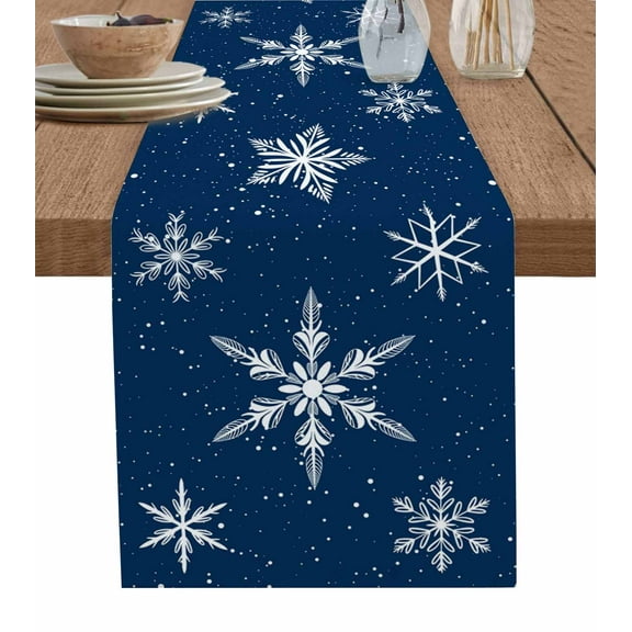 Navy Blue Christmas Table Runner 48 Inches, Xmas Snowflake Winter Bed Runner Dresser Scarves Tabletop for Indoor Outdoor Parties/Ceremony/Banquet, 13" x 48"