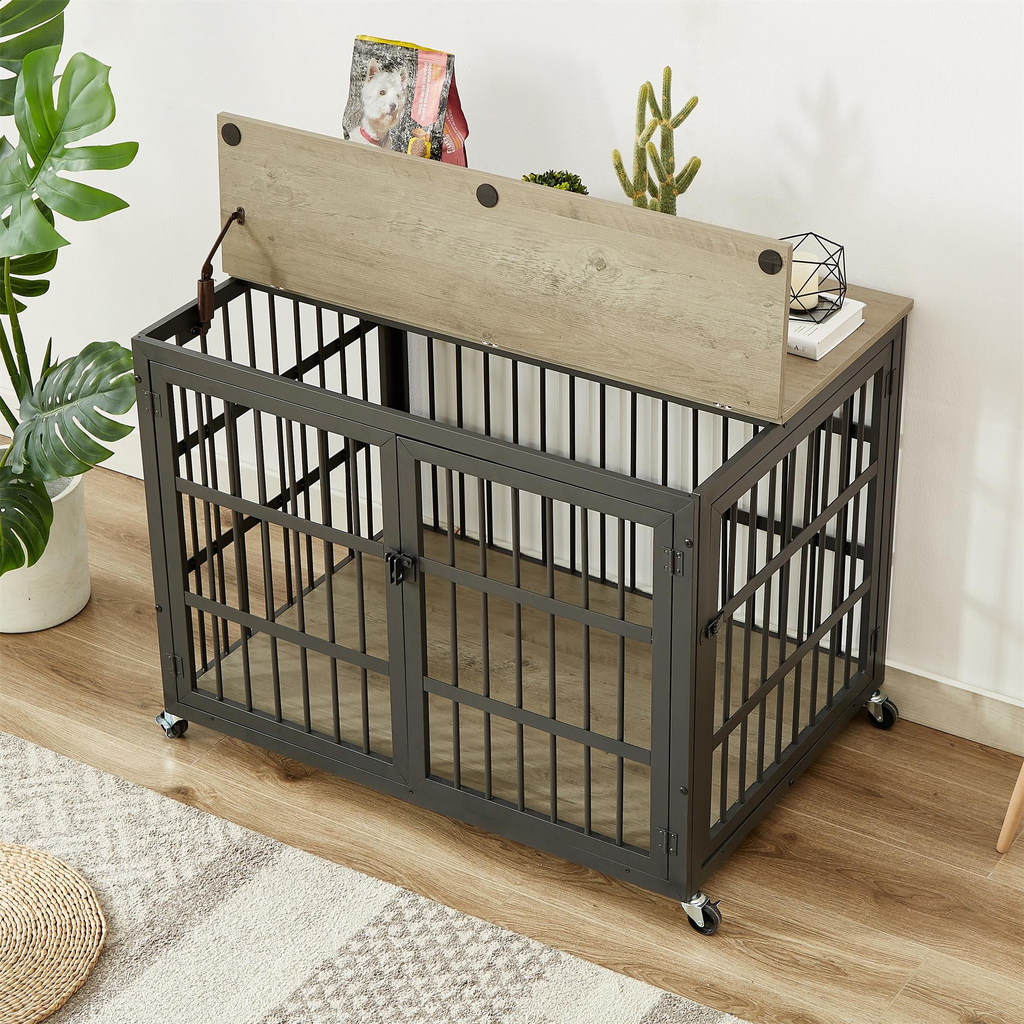 Pefilos 38" Heavy Duty Dog Crate for Small Dogs, Furniture Style Dog House with Wheels, Indoor Dog Cage Wrought Iron Frame Door with Side Openings, Gray Pefilos 38" Heavy Duty Dog Crate for Small Dogs, Furniture Style Dog House with Wheels, Indoor Dog Cage Wrought Iron Frame Door with Side Openings, Gray