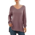 thumbnail image 4 of JWD Women's V-Neck Long Sleeve Side Split Loose Casual Knit Pullover Sweater Blouse Red Gray-Medium, 4 of 5