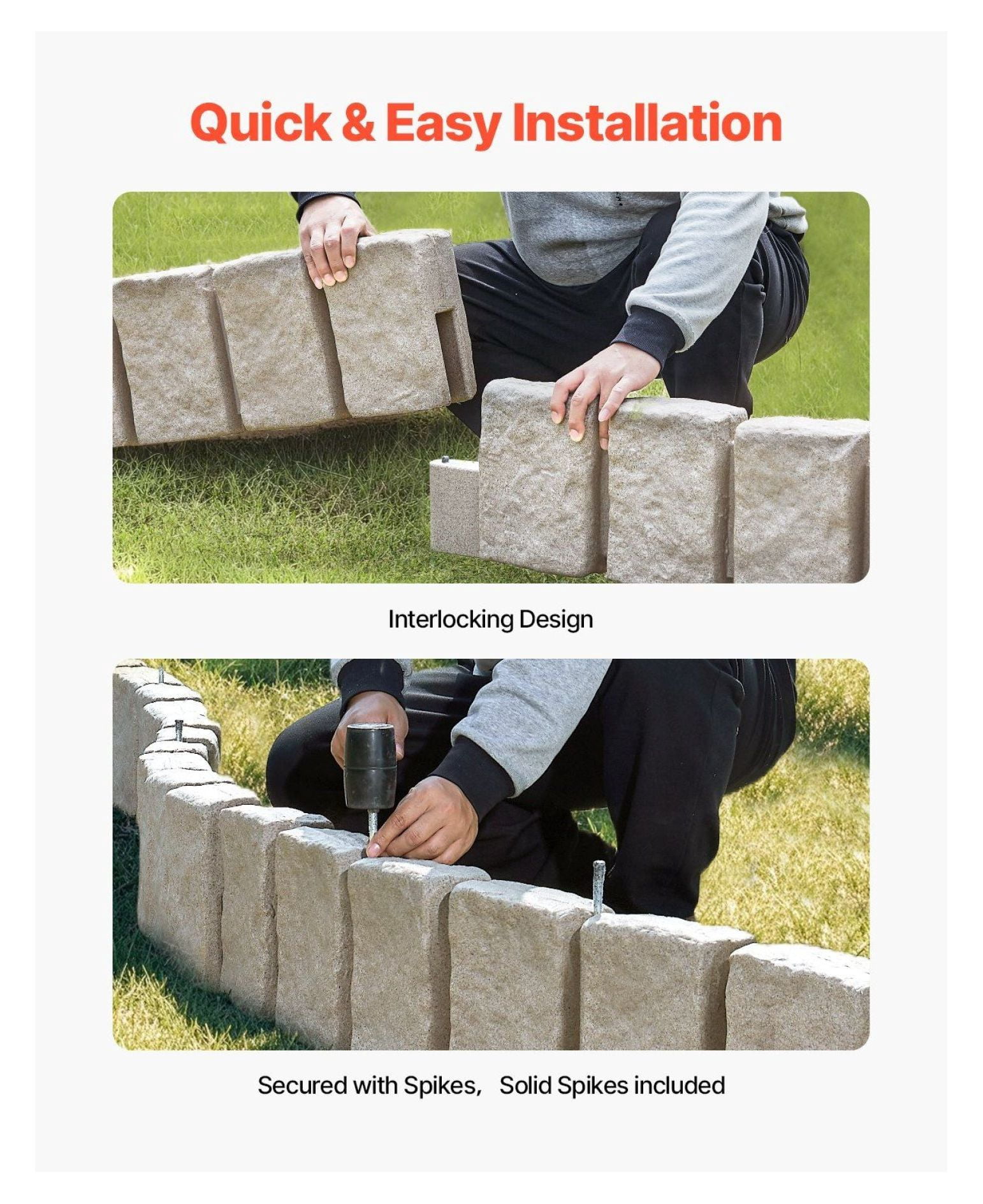 Faux Stone Landscape Edging, 47.2x9in Garden Border, Flexible Lawn Edging with Stakes, Realistic Brick Edging for Yard, Driveway, Walkway - Beige