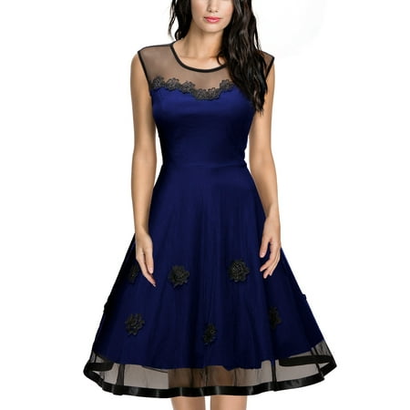 Illusion Dress Blue MISSMAY Women's Elegant Illusion Floral Lace Cap Sleeve Bridesmaid Prom Dresses for Women (Navy Blue S) ()