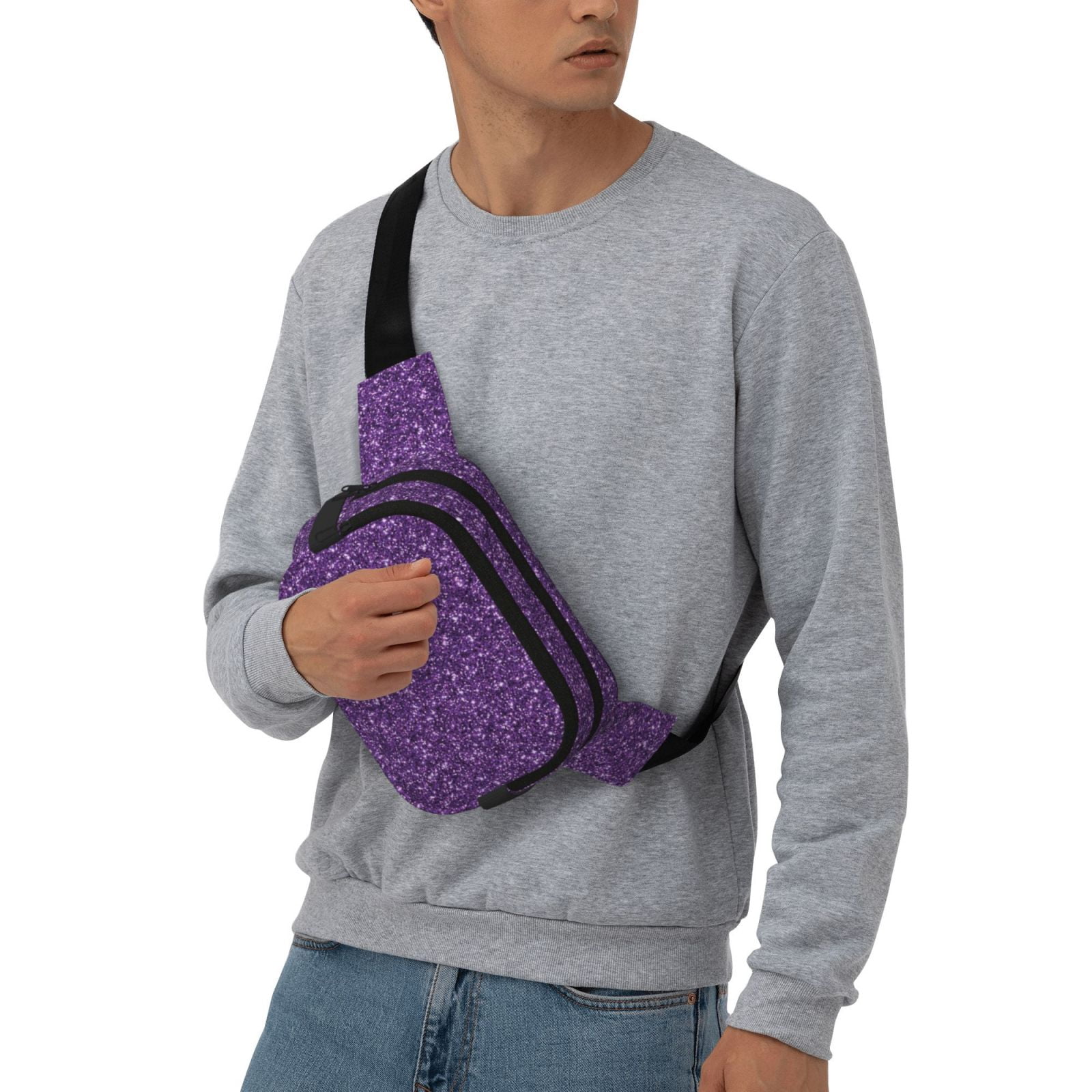 Kuqiui Purple Glitter Print Fanny Packs for Women Cross Body Waist Bag Fashionable Fanny Pack Designer Workout Hiking Waist Pack Running Travel Gym