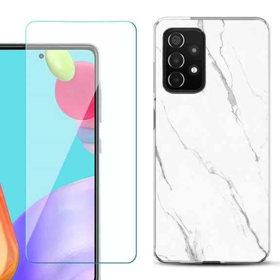Slim-Fit Flexible Gel TPU Phone Case compatible with Samsung Galaxy A52 5G, with Tempered Glass Screen Protector, by OneToughShield ® - Marble / White