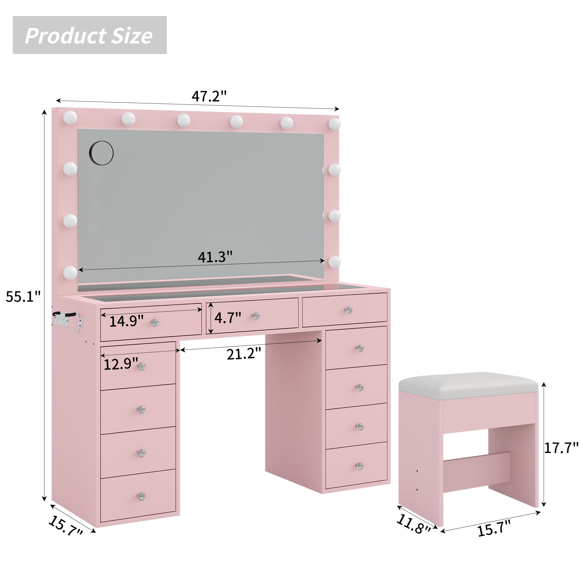 Yanosaku Vanity Desk with Mirror, 12 LED Lights, 11 Drawers, Chair, 3 Lighting Modes, Adjustable Brightness, Pink