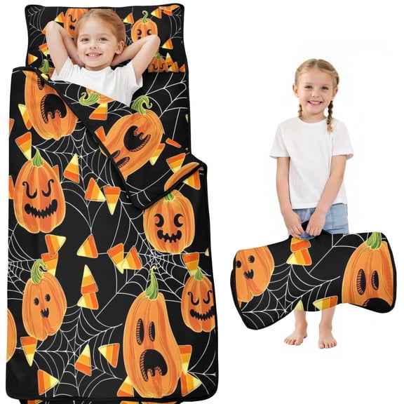 Pumpkin Candy Halloween Pattern Toddler Nap Mats for Kids Preschool,50"x20" Sleeping Mat Bag or Kids,Toddler Sleeping Bag,Toddler Nap Mat or Daycare
