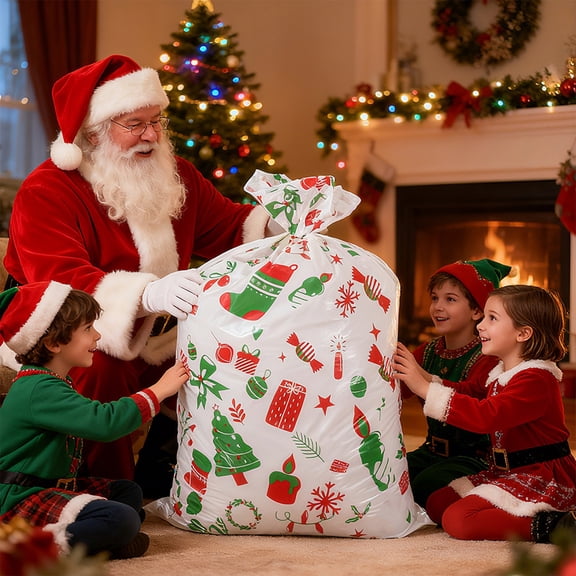 Pack of 3 – 56x36 in Extra Large Christmas Gift Bags with Drawstring – Jumbo Multicolor Plastic Candy Sacks for Holiday Gifts, Parties & Festive Wrapping