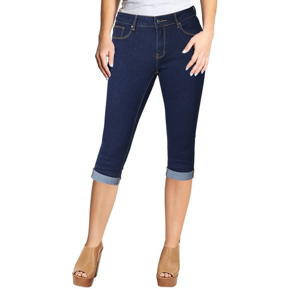 2Luver, Women's, Stretchy 5 Pocket Skinny Indigo Mid Rise Capri Ripped Denim Jeans, Dark Denim, 9