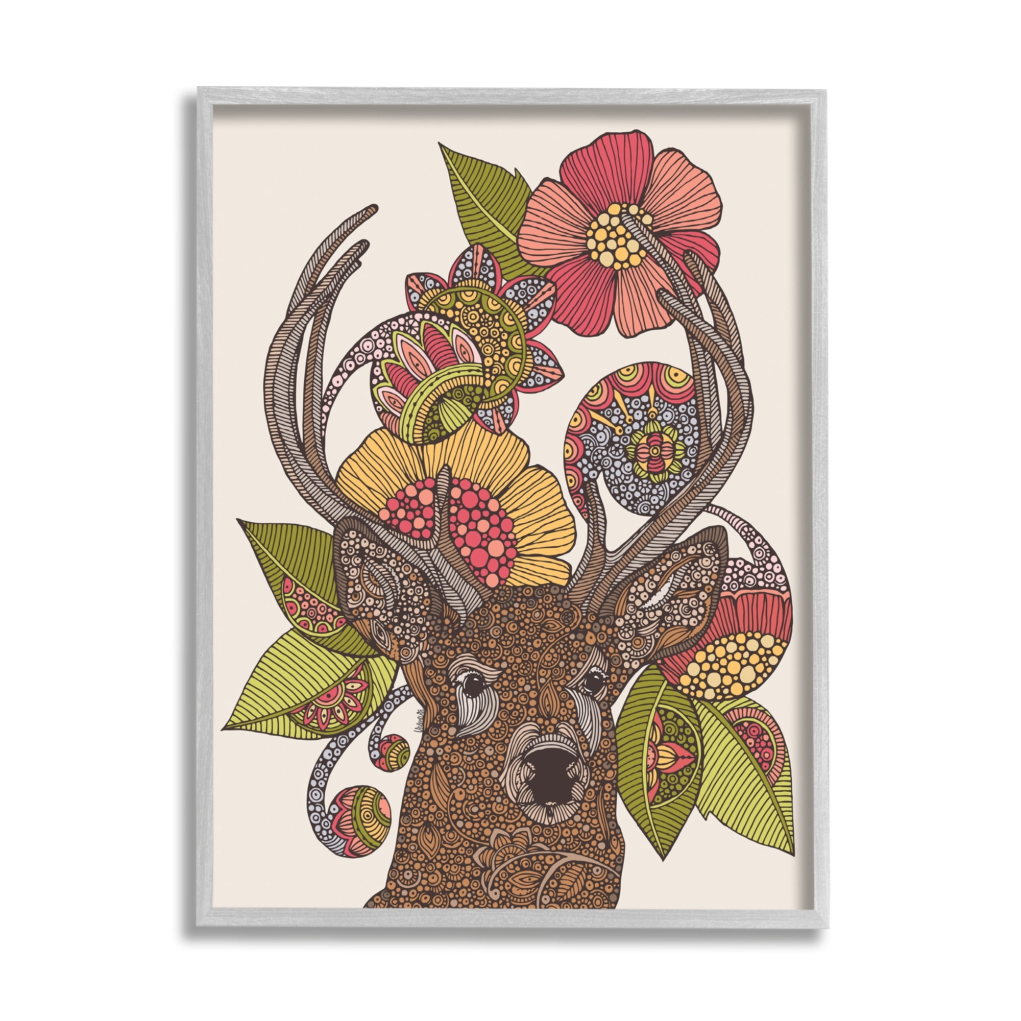 Stupell Industries Detailed Deer Wild Floral Blossoms Mandala Fractals Graphic Art Gray Framed Art Print Wall Art, Design by Valentina Harper