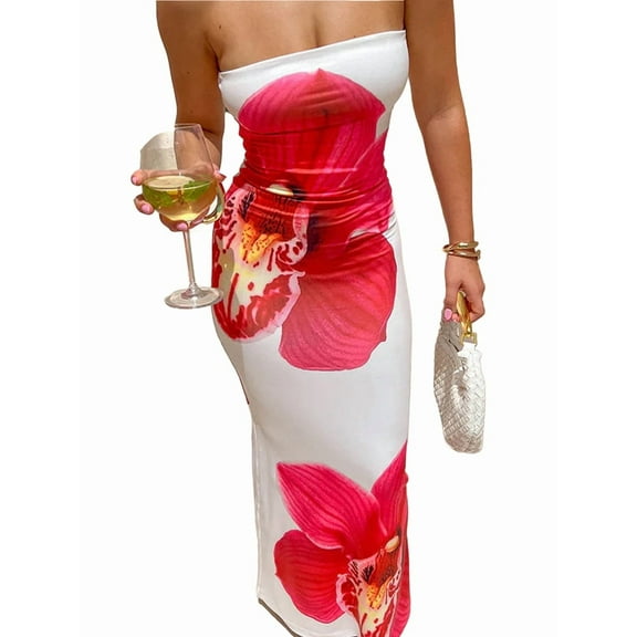 Floral Bodycon Dress for Women Summer Strapless Tube Casual Formal Cocktail Long Dress with Scarf Rose Red S