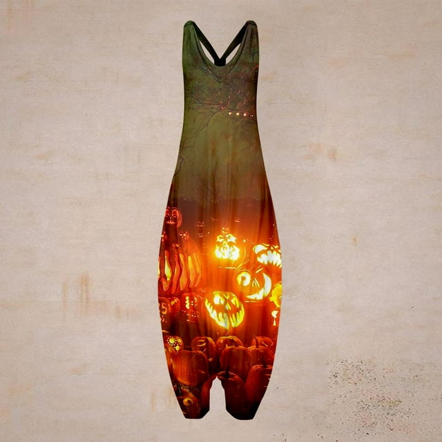 Women's Casual Bohemian Halloween Print Loose Large Size Casual Sleeveless Strappy Jumpsuit