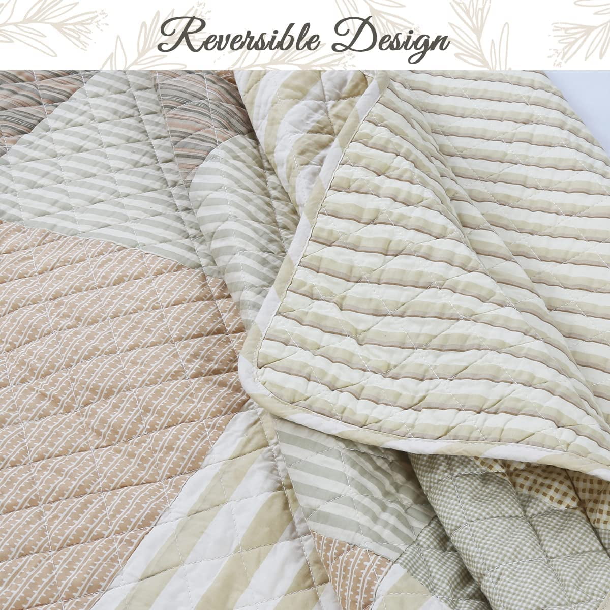 Cozy Line Home Fashions Cozy Line Stripe Checker Patchwork Cotton Reversible 3 Piece Quilt Bedding Set Queen