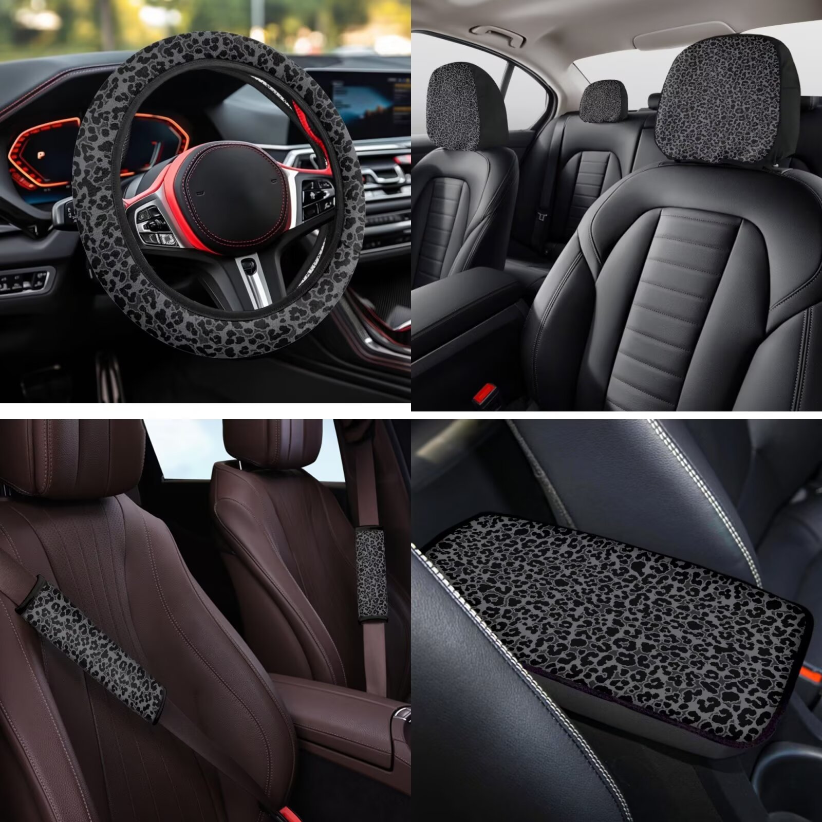 HUIACONG Leopard Print Car Seat Cover Full Set for Women Black Cheetah Print Car Accessories with Steering Wheel Cover Armrest Cover Seat Belt Pads Headrest Cover Coasters Keychain 14 Pcs