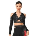 thumbnail image 2 of Aislor Women's Shinny Rhinestone Long Sleeve V-neck Latin Jazz Ballet Dance Crop Top Backless T-shirt Black M, 2 of 8
